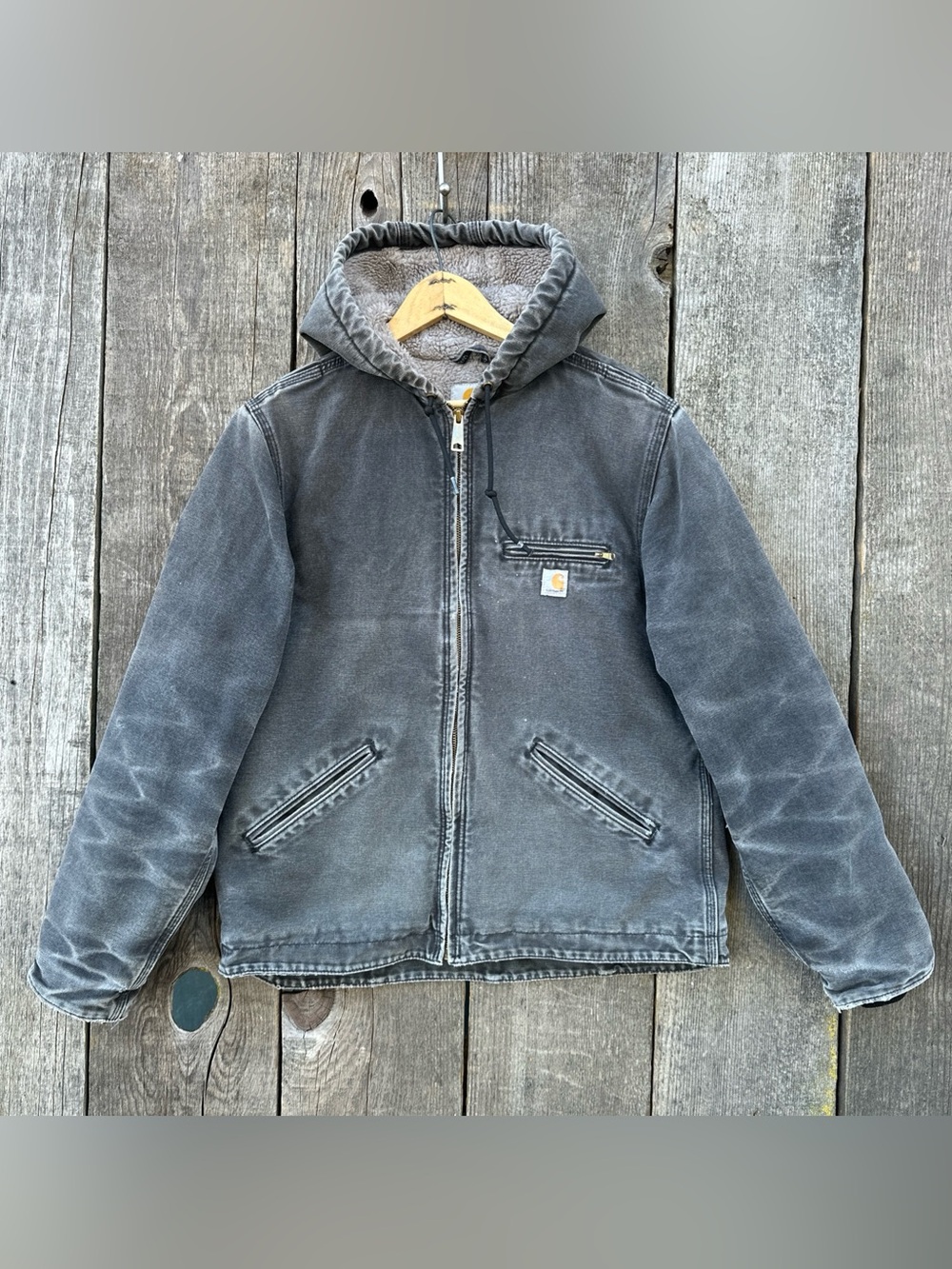 VTG Carhartt WJ141 BLK Faded Gray Duck Canvas Sherpa Jacket Women’s Med. Mexico